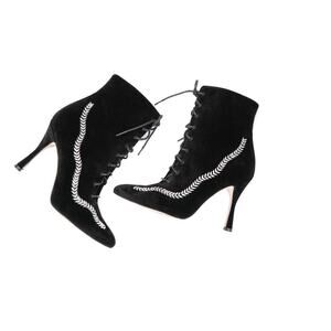 37 Manolo Blahnik Black Velvet Lace Up Bootie